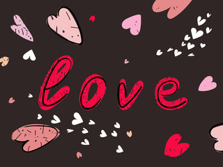 Love word hand drawn lettering with hearts on dark background Vector illustration