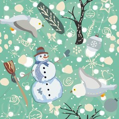 Seamless Winter Pattern with Snowman and Owls. Vector Illustration.