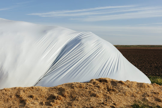 White vinyl covering large hay bale