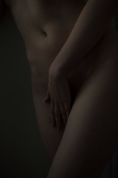 the hand of the girl closes her sexual organ