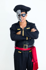 Young adult South East Asian wearing pirate costume with white background..