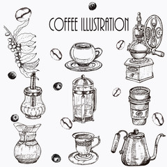 Hand drawn vector illustration set with coffee beans, cup, teapot