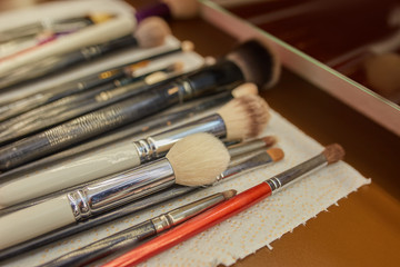 Workplace makeup artist. set of brushes for makeup.