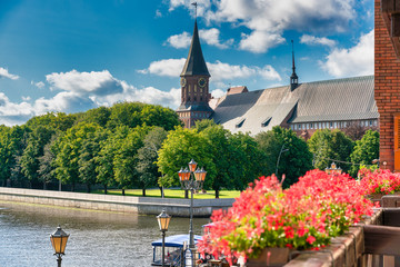 Beautiful window view of the Cathedral and park in Kaliningrad, Russia.