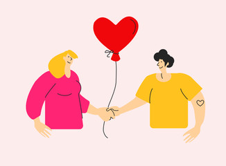 Cute flat vector illustration of romantic couple who hold hands and celebrate St Valentines Day. Young man and woman in love with heart shaped air balloon. Girl and boy teenagers smile
