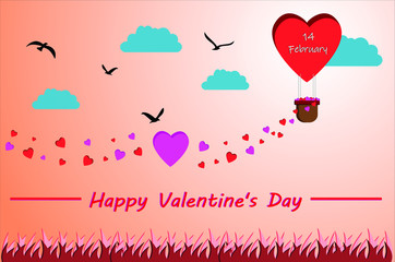illustration of love and valentine day,Hot air balloon flying over grass with heart float on the sky.paper art and digital craft style.red pink and blue color for clouds. birds silhouette flying.