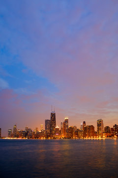 Chicago Skyline at blue hour, seen from the North beach, Chicago, Illinois, United States