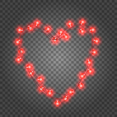 Valentine's Day red light bulbs garland. Holiday decoration of heart shape illuminated lights on transparent background. realistic LED romantic frame.
