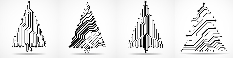 Set of Christmas tree made from circuit board isolated on white background