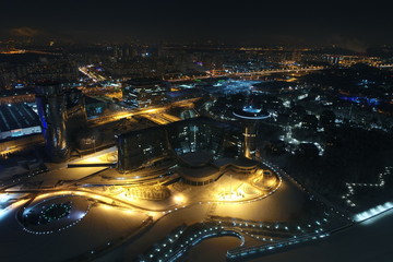 Pavshinskaya poyma district of Krasnogorsk, Moscow region, Russia. Mitino District is administrative district  of Moscow. Commuter town with very dense houses. View above. Winter snow day