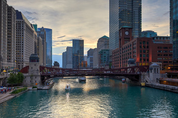 Fototapeta na wymiar Reid Murdoch Building and Clark Street Bridge over Chicago River, Chicago, Illinois, United States