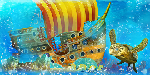 Cartoon ocean scene and the mermaid princess in underwater kingdom swimming and having fun near the sunken pirate ship - illustration for children