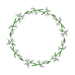 Round frame of beautiful colorful snowdrops. Wreath with isolated spring flowers on white background for your design.