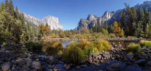 Crédence de cuisine en verre imprimé Half Dome Yosemite half dome valley river panorama 
