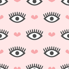 Cute seamless pattern with repeating eyes and hearts. Modern girly print. Simple vector illustration.