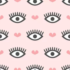 Wallpaper murals Eyes Cute seamless pattern with repeating eyes and hearts. Modern girly print. Simple vector illustration.