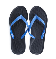 Stylish black flip flops isolated on white, top view