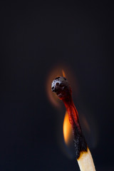 Lighting matches at the moment when it explodes. Burning match over black background. Close up. Copy space.