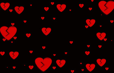  Red hearts of different sizes on a black background.