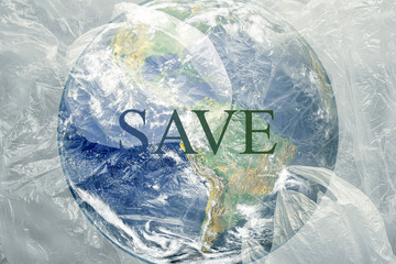 save globe concept, earth buried in pvc, inscription save