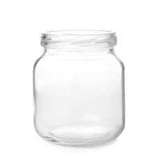 Open empty glass jar isolated on white