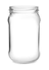 Open empty glass jar isolated on white