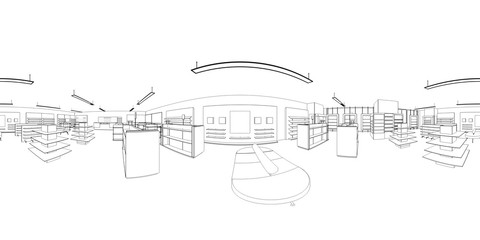 spherical panoramic render of the store, contour visualization, 3D illustration, sketch, outline