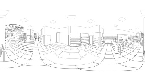 spherical panoramic render of the store, contour visualization, 3D illustration, sketch, outline
