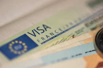 Schengen visa in the passport. Issued by the French Embassy. This sample of the Schengen visa has...
