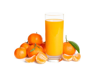 Fresh tangerines and glass of juice isolated on white