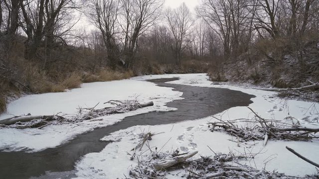 Ice and snow on the river, flowing water
