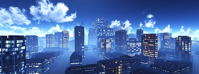 Panorama of the night city above the water, 3D rendering.
