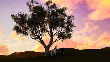 Horses at Sunset in Nature, 3D Rendering