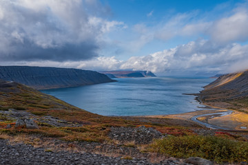 Naklejka na ściany i meble Isafjordur - fjord in west of Iceland. September 2019