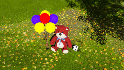 Toy Bear in Nature on Grass, 3D Rendering