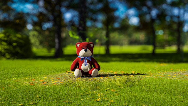 Toy Bear in Nature on Grass, 3D Rendering