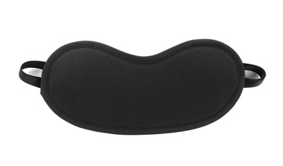 Black sleeping eye mask isolated on white, top view. Bedtime