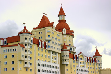 Fototapeta premium One of the largest hotels in Europe in cloudy weather, close up. Imereti resort, Sochi.