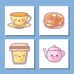 Breakfast and food cartoons icon set vector design