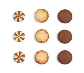 Sweet delicious homemade cookies on white background, top view