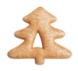 Delicious Christmas tree shaped cookie isolated on white, top view