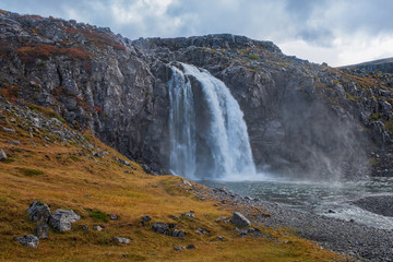 Beautiful little waterfall Fossa, Reykjarfjordurin Iceland. September 2019