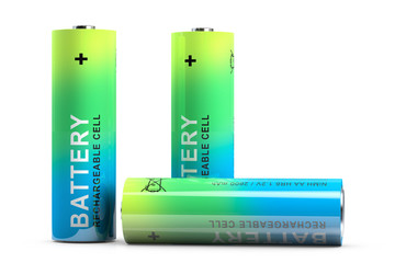 Three rechargeable finger-type batteries. Isolated on white.3d rendering. - obrazy, fototapety, plakaty