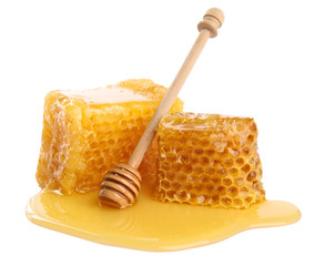 Fototapeta na wymiar Fresh honeycombs and dipper isolated on white