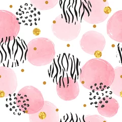 Gordijnen Naadloos gestippeld patroon met roze cirkels en zebraprint. Vector abstracte achtergrond met aquarel vormen. © Afanasia