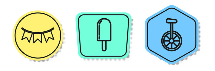 Set line Carnival garland with flags, Ice cream and Unicycle or one wheel bicycle. Colored shapes. Vector © Oksana