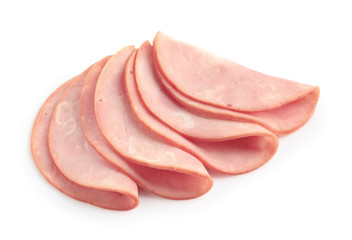 Slices of tasty fresh ham isolated on white