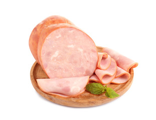 Tasty fresh ham with basil isolated on white