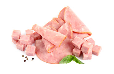 Tasty fresh ham with basil and pepper isolated on white, above view