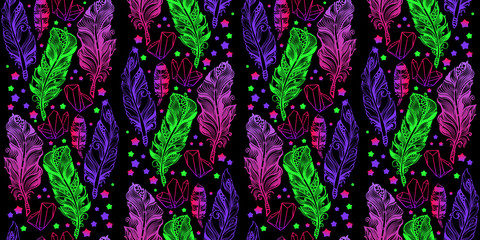 Seamless pattern with colorful feathers and crystals gems. Vector illustration.